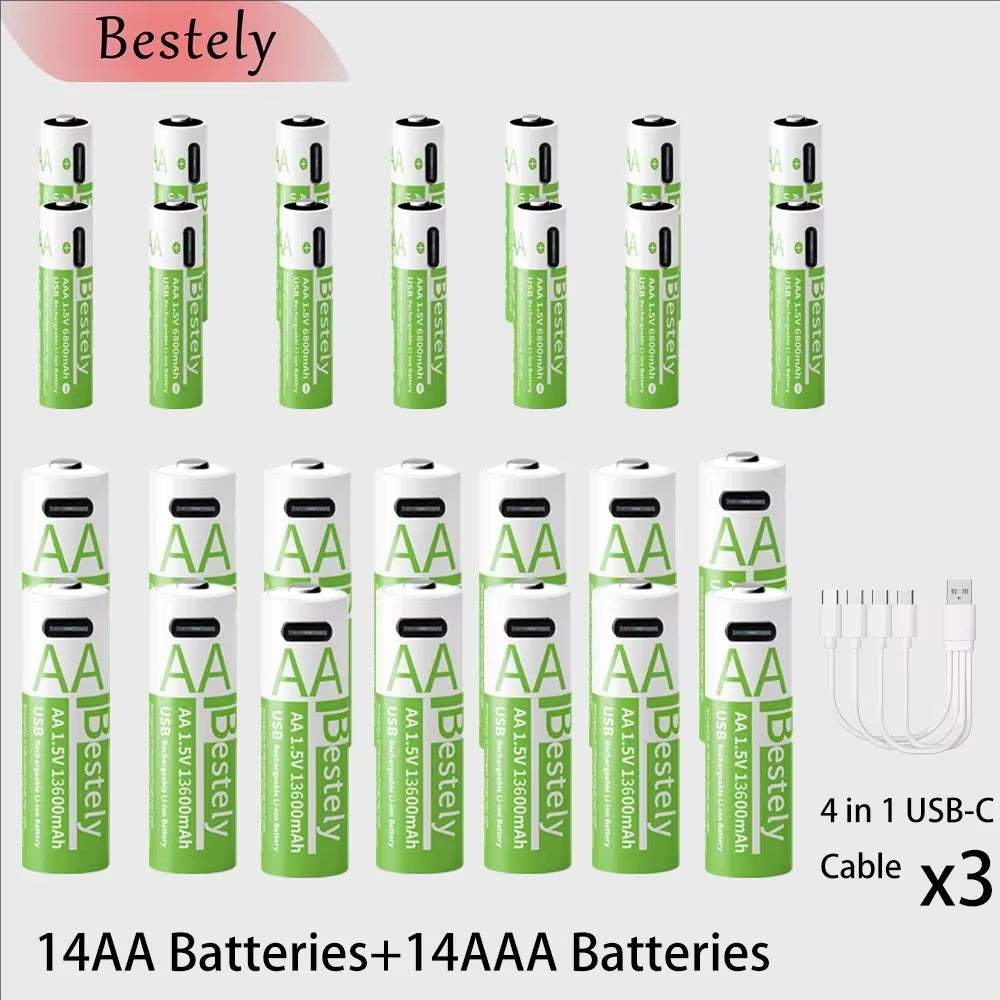 Rechargeable Lithium Battery Set 1.5V AA 13600Mah & AAA 6800Mah with USB-C Fast Charging Li-Ion Tech 2000 Cycles USB-C Cable