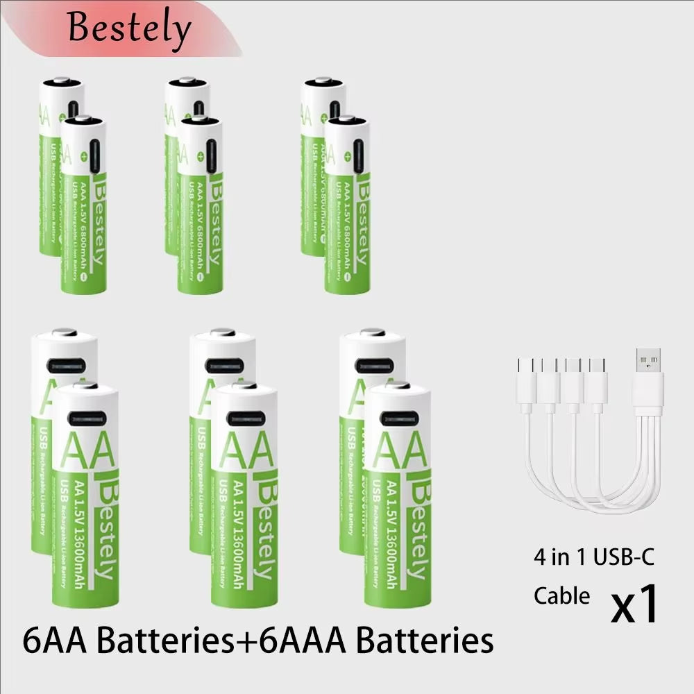 Rechargeable Lithium Battery Set 1.5V AA 13600Mah & AAA 6800Mah with USB-C Fast Charging Li-Ion Tech 2000 Cycles USB-C Cable