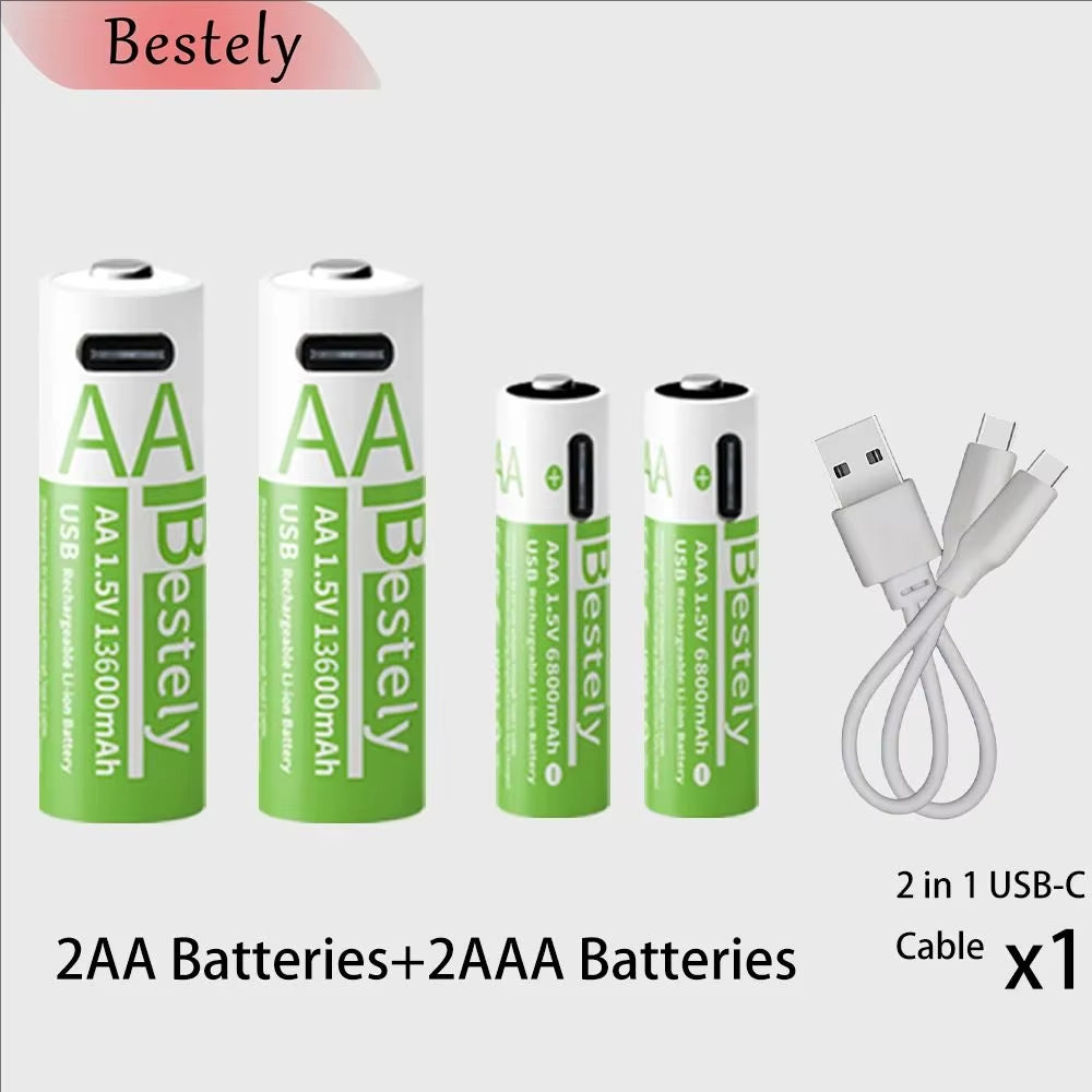 Rechargeable Lithium Battery Set 1.5V AA 13600Mah & AAA 6800Mah with USB-C Fast Charging Li-Ion Tech 2000 Cycles USB-C Cable