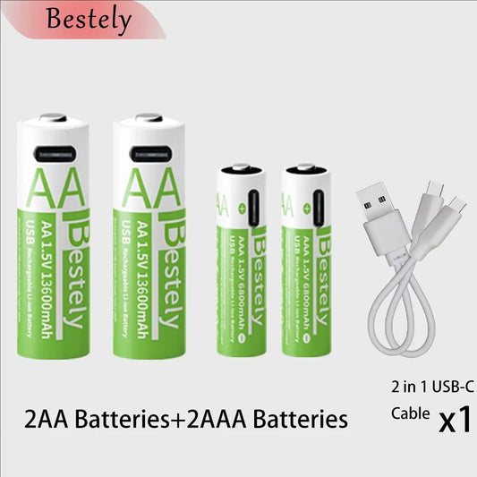 Rechargeable Lithium Battery Set 1.5V AA 13600Mah & AAA 6800Mah with USB-C Fast Charging Li-Ion Tech 2000 Cycles USB-C Cable