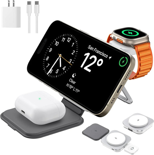3 in 1 Foldable Magnetic Wireless Charger for Iphone 15 14 13 12 Series, Apple Watch and Airpods, White