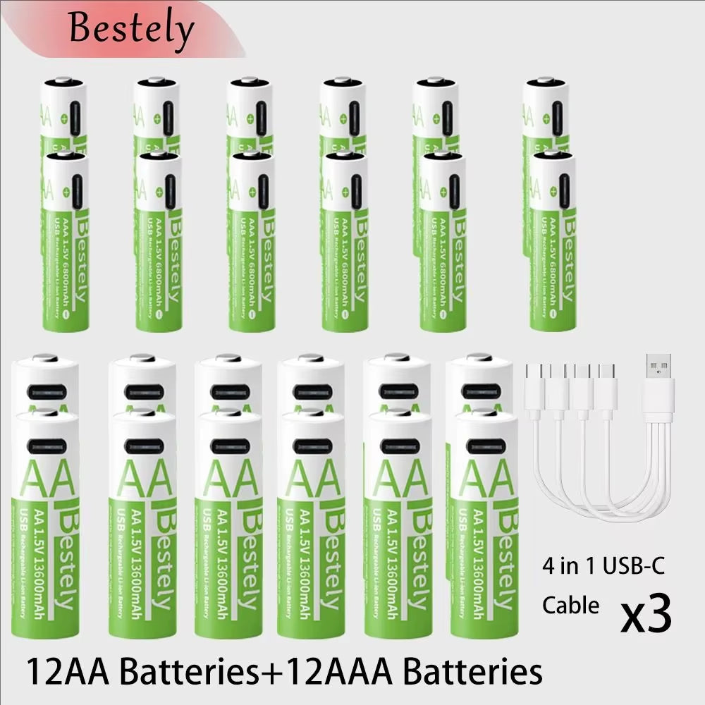 Rechargeable Lithium Battery Set 1.5V AA 13600Mah & AAA 6800Mah with USB-C Fast Charging Li-Ion Tech 2000 Cycles USB-C Cable