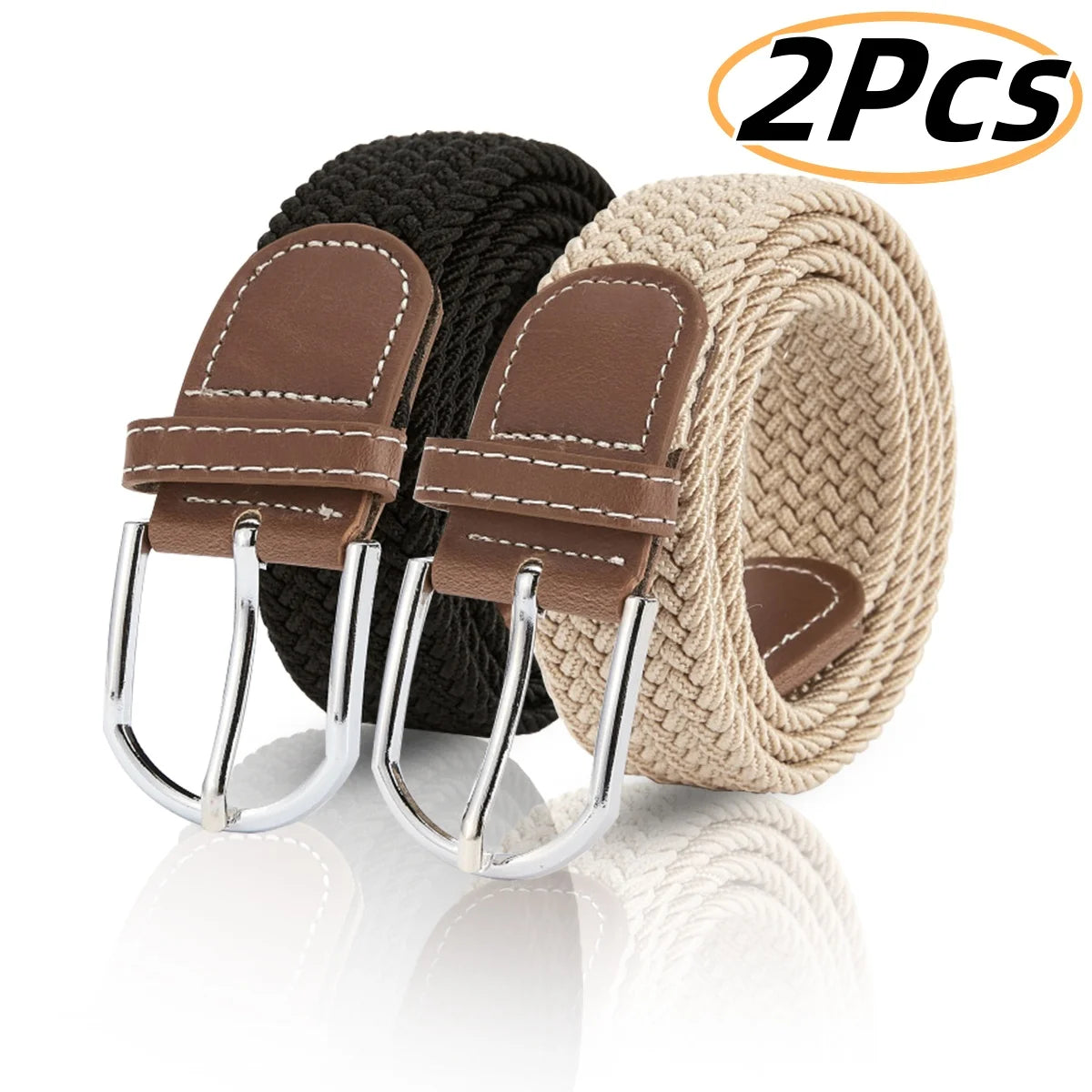 Men'S Braided Belt Men Stretch Belt Adult'S Canvas Elastic Fabric Woven Stretch Braided Belts Solid Color 2 Pack