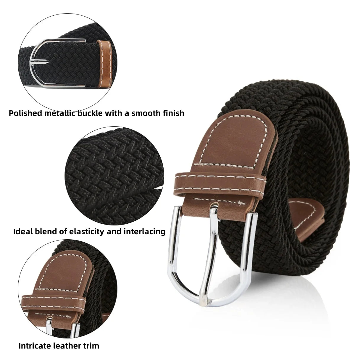 Men'S Braided Belt Men Stretch Belt Adult'S Canvas Elastic Fabric Woven Stretch Braided Belts Solid Color 2 Pack