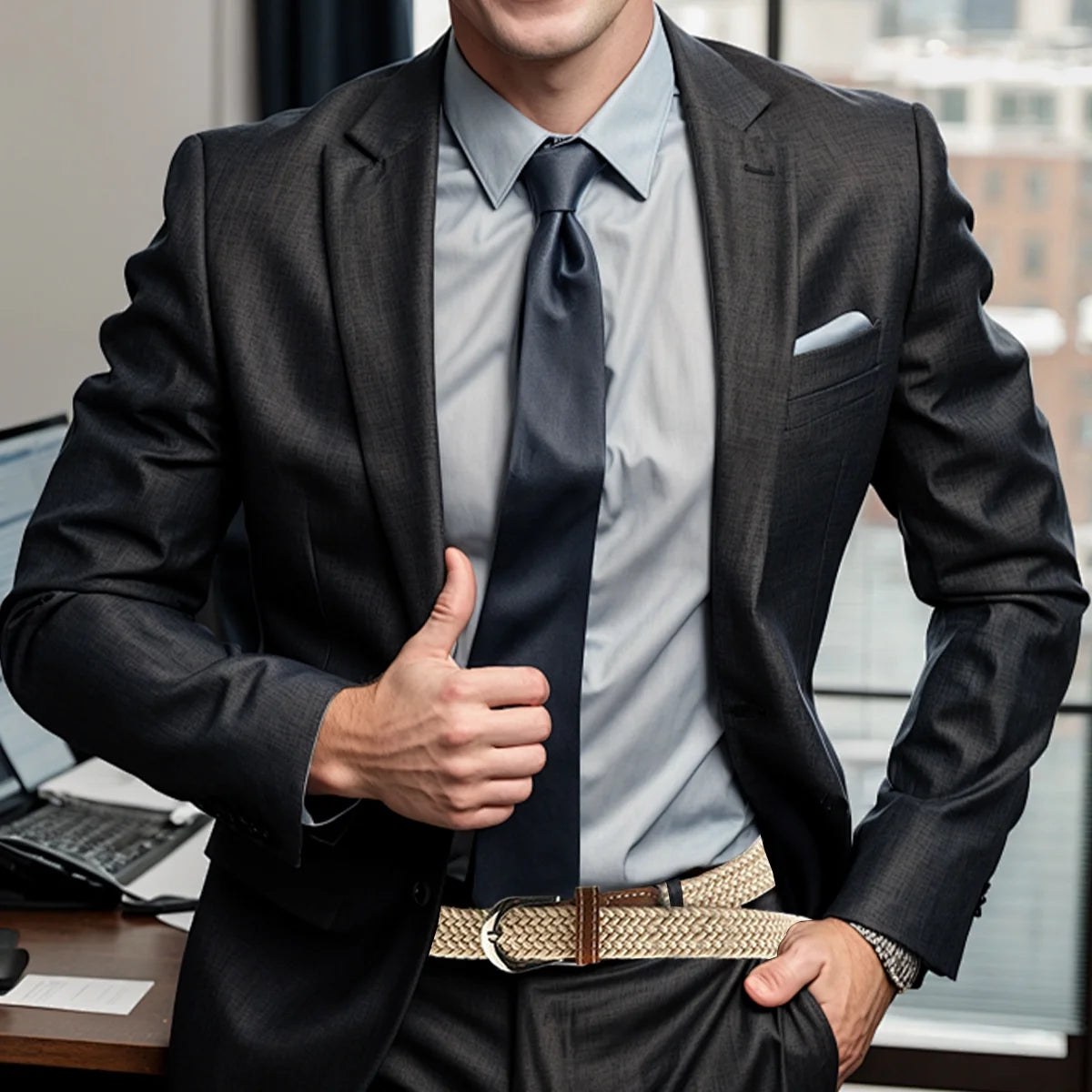 Men'S Braided Belt Men Stretch Belt Adult'S Canvas Elastic Fabric Woven Stretch Braided Belts Solid Color 2 Pack