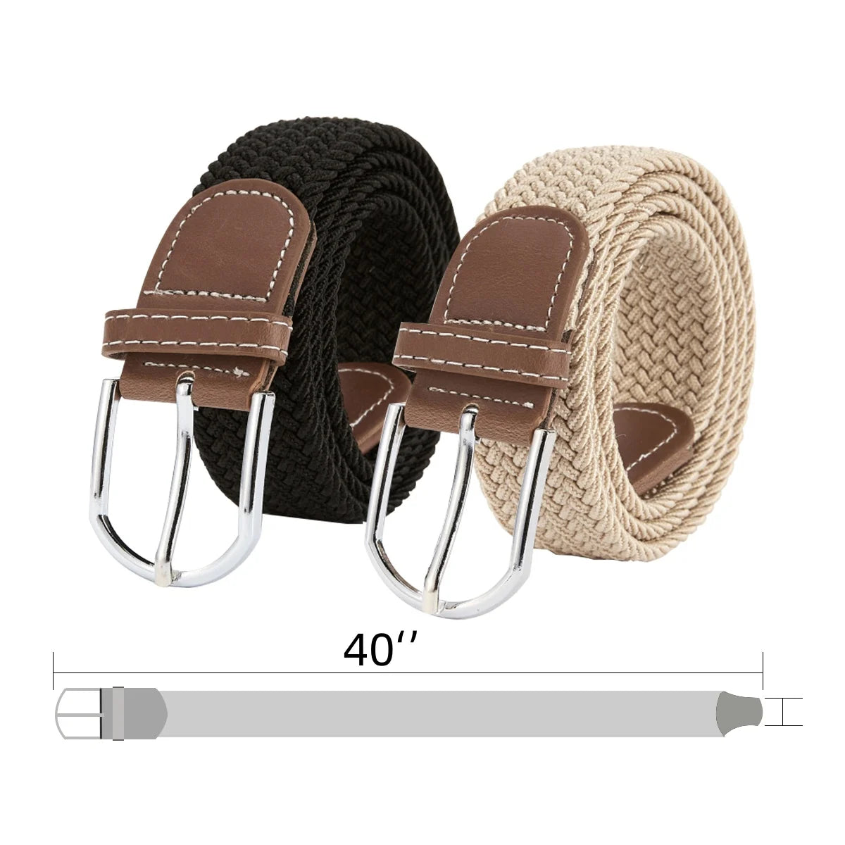 Men'S Braided Belt Men Stretch Belt Adult'S Canvas Elastic Fabric Woven Stretch Braided Belts Solid Color 2 Pack