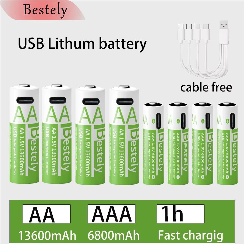 Rechargeable Lithium Battery Set 1.5V AA 13600Mah & AAA 6800Mah with USB-C Fast Charging Li-Ion Tech 2000 Cycles USB-C Cable