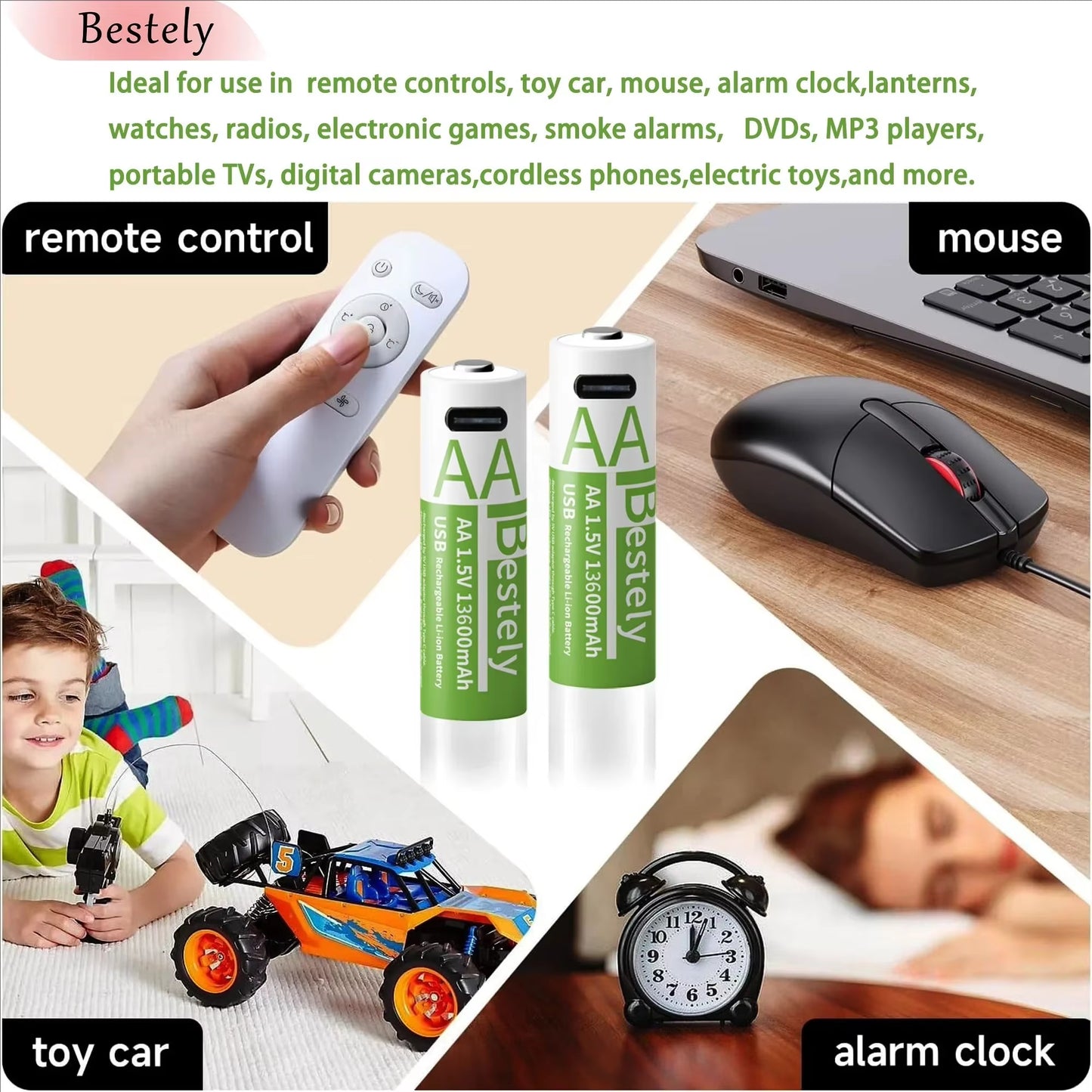 Rechargeable Lithium Battery Set 1.5V AA 13600Mah & AAA 6800Mah with USB-C Fast Charging Li-Ion Tech 2000 Cycles USB-C Cable