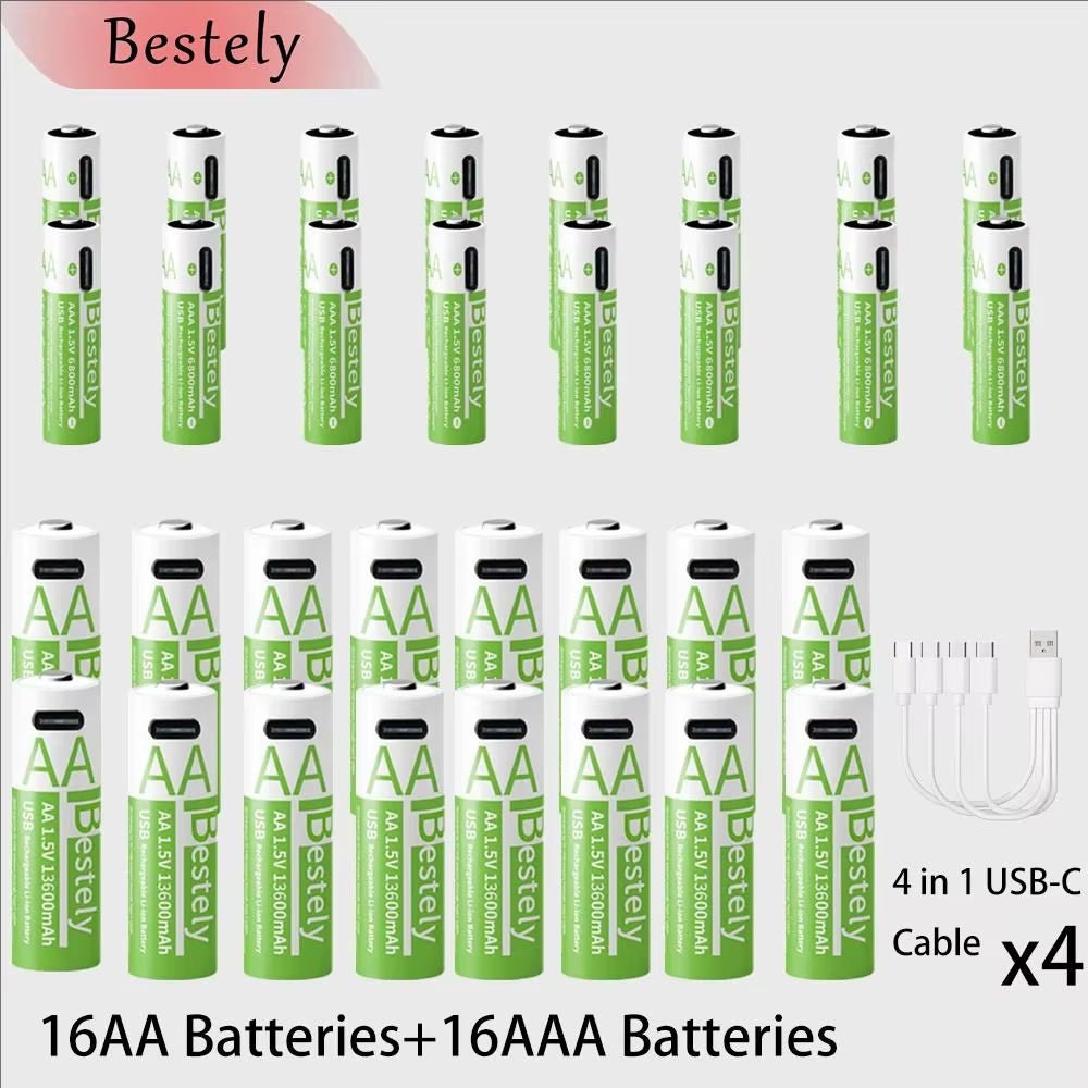 Rechargeable Lithium Battery Set 1.5V AA 13600Mah & AAA 6800Mah with USB-C Fast Charging Li-Ion Tech 2000 Cycles USB-C Cable