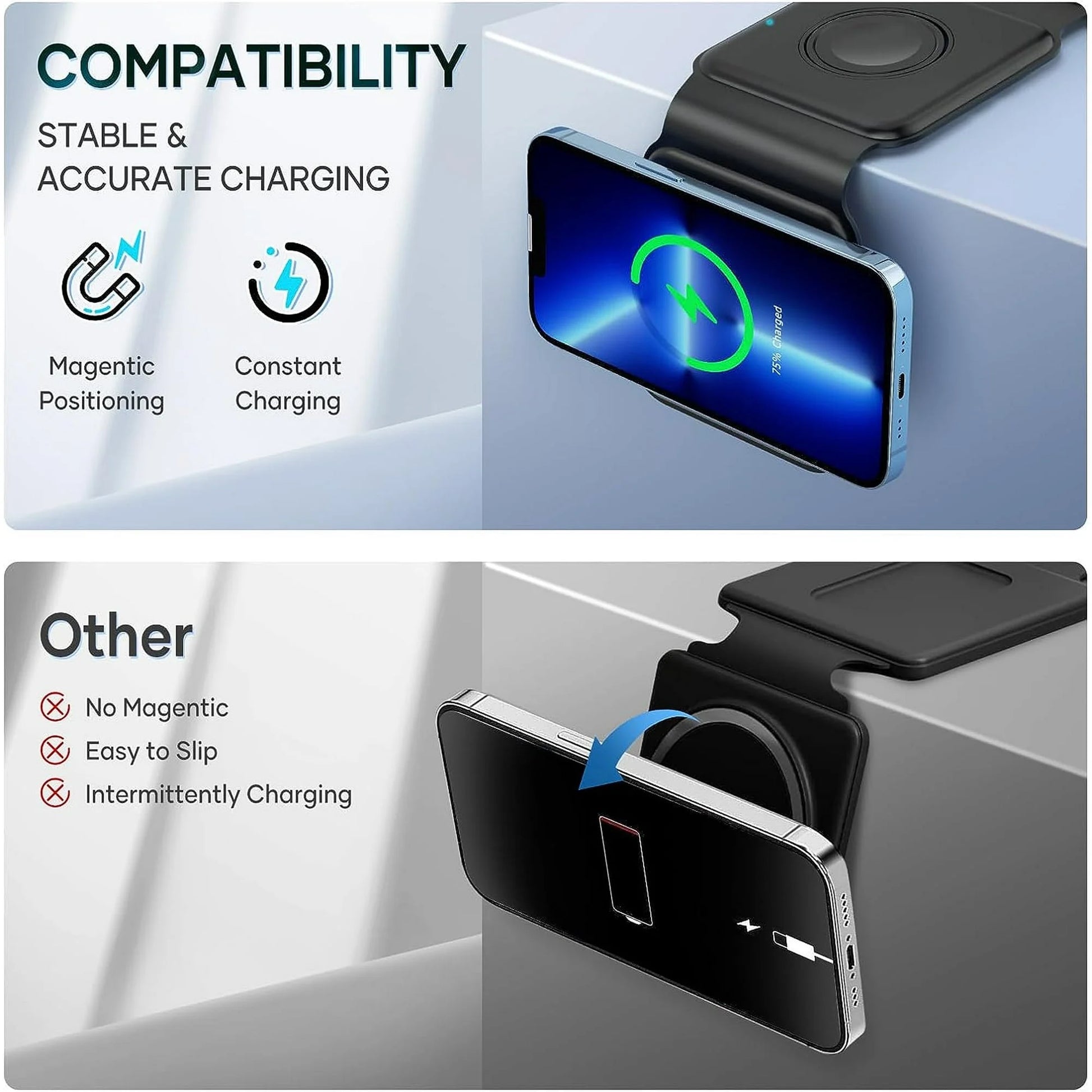 Magnetic Wireless Charger for Iphone: Foldable Three in One Charging Station for Multiple Apple Devices - Travel Charging Board Base for Apple Watch Iphone 15, 14, Pro Max plus and Airpod Black