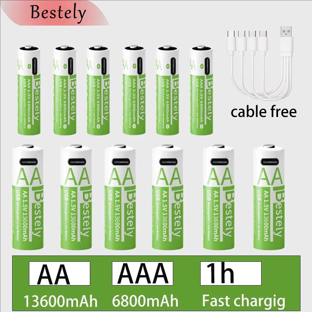 Rechargeable Lithium Battery Set 1.5V AA 13600Mah & AAA 6800Mah with USB-C Fast Charging Li-Ion Tech 2000 Cycles USB-C Cable