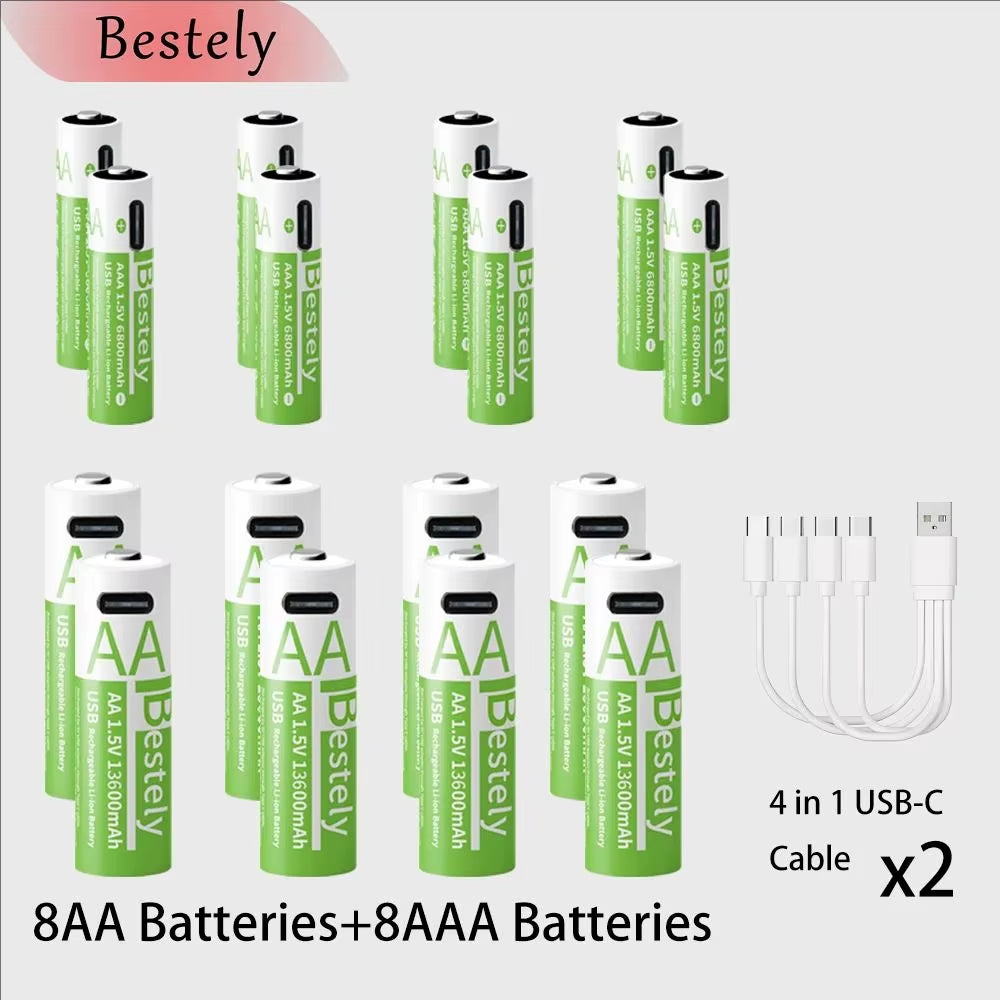 Rechargeable Lithium Battery Set 1.5V AA 13600Mah & AAA 6800Mah with USB-C Fast Charging Li-Ion Tech 2000 Cycles USB-C Cable