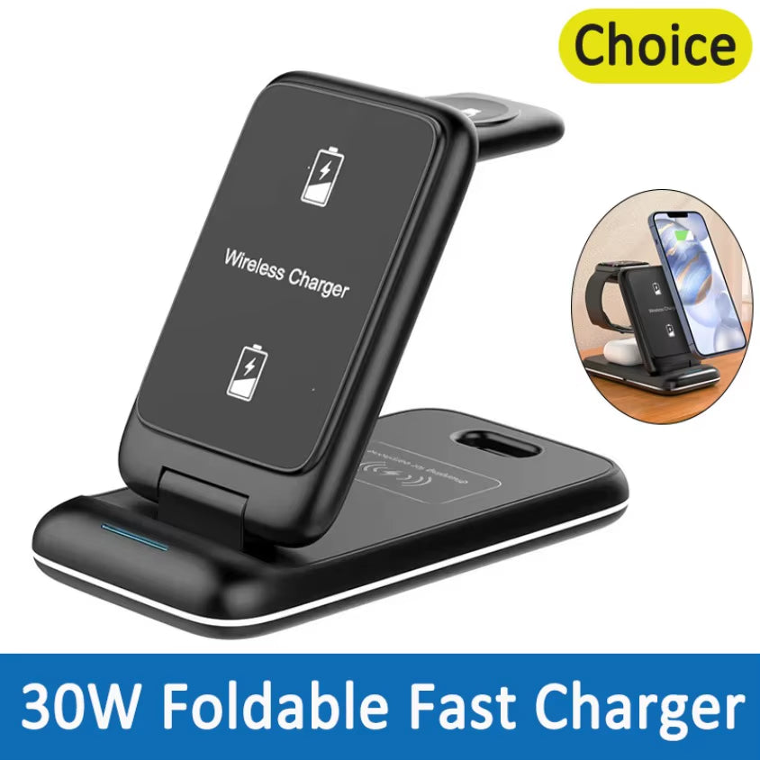 30W Fast Charging Dock Station 3 in 1 Foldable Wireless Charger Stand for Iphone 16 15 14 13 12 11 Iwatch 8 7 6 Airpods Pro