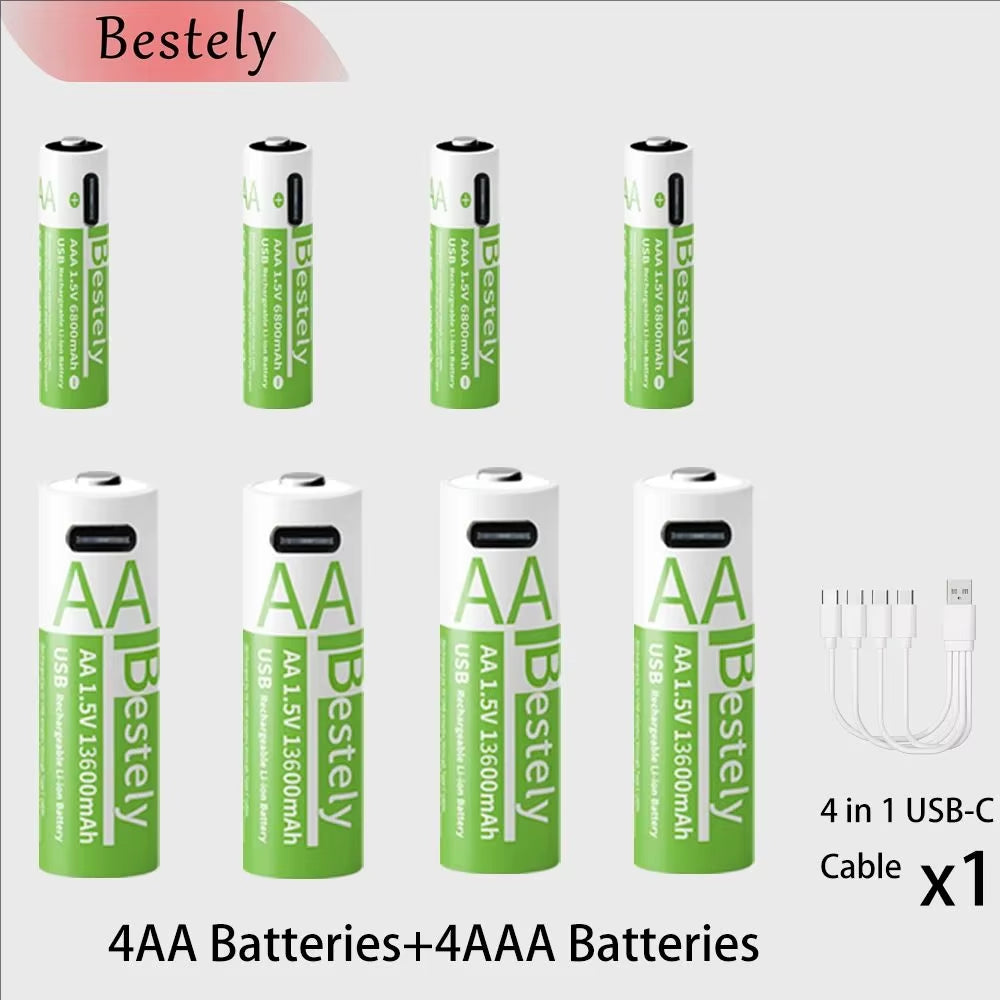 Rechargeable Lithium Battery Set 1.5V AA 13600Mah & AAA 6800Mah with USB-C Fast Charging Li-Ion Tech 2000 Cycles USB-C Cable