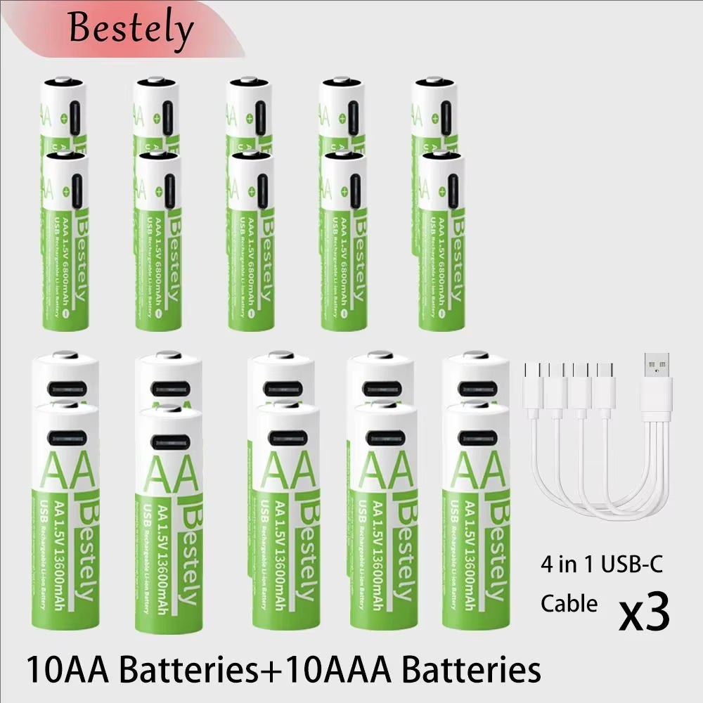 Rechargeable Lithium Battery Set 1.5V AA 13600Mah & AAA 6800Mah with USB-C Fast Charging Li-Ion Tech 2000 Cycles USB-C Cable
