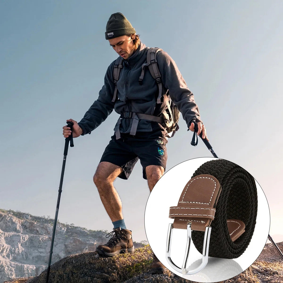 Men'S Braided Belt Men Stretch Belt Adult'S Canvas Elastic Fabric Woven Stretch Braided Belts Solid Color 2 Pack